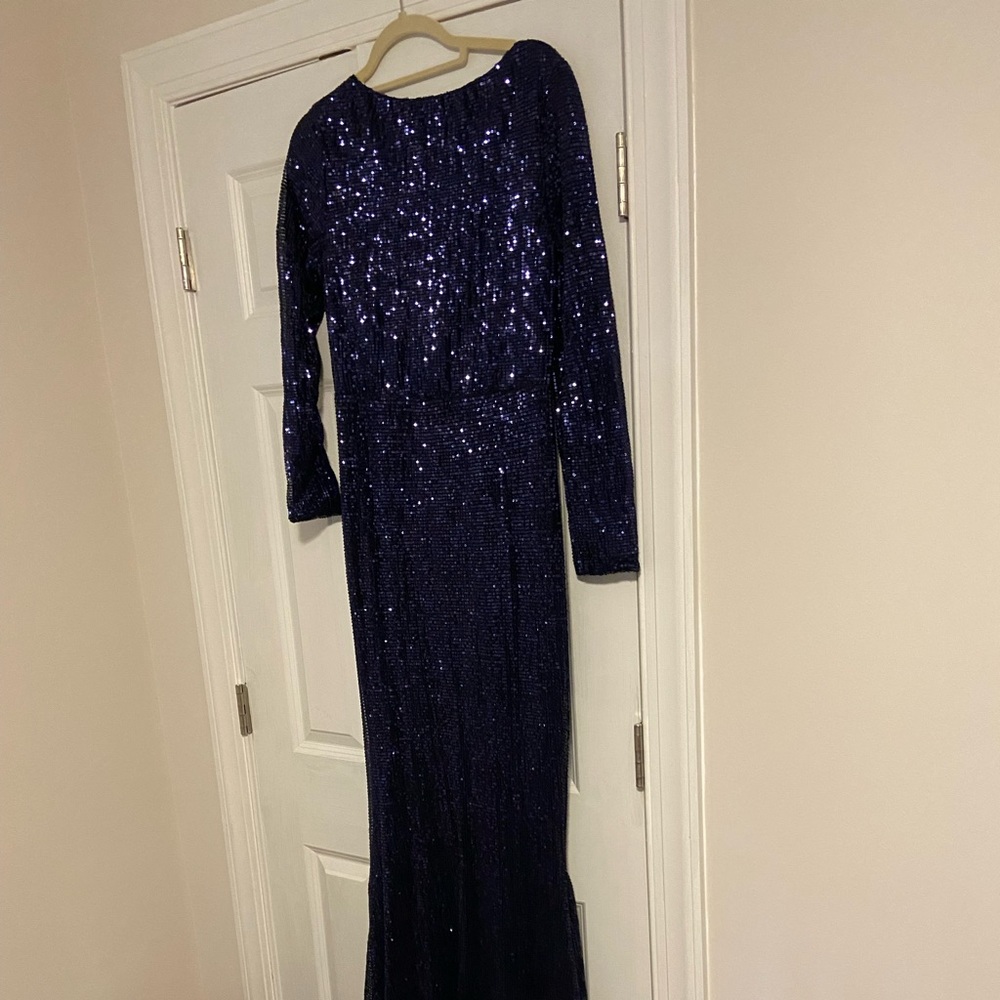 Long sleeve, navy sequin gown (Navy)